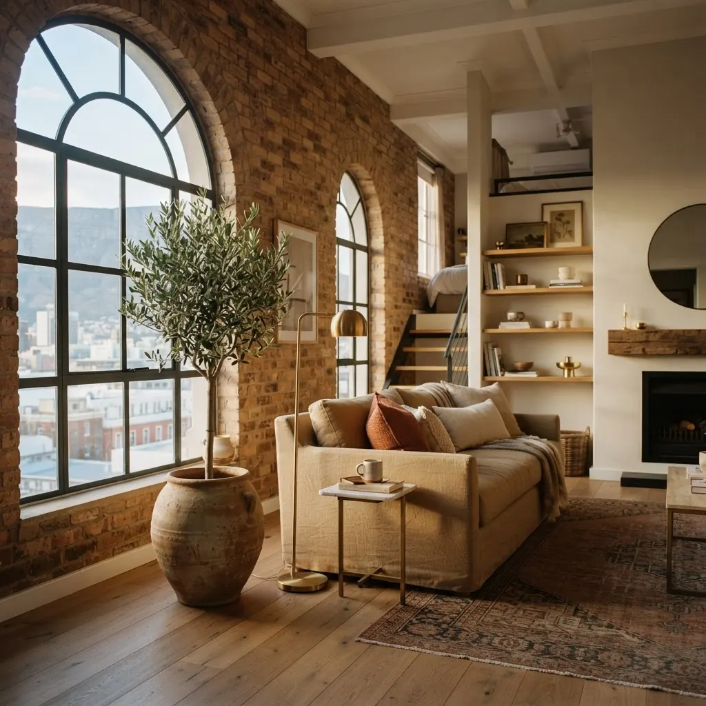 Sunlit city loft with arched window and linen sofa