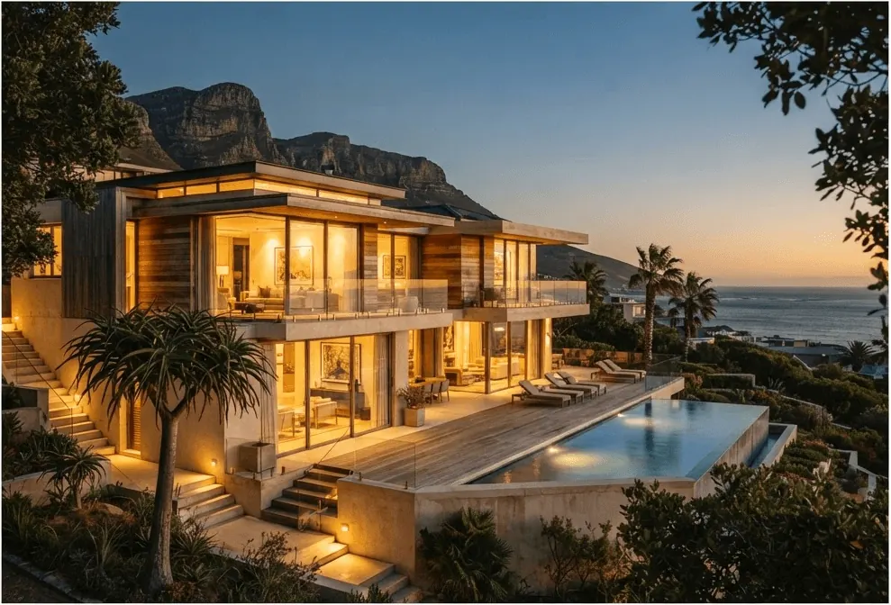 Modern Camps Bay villa exterior glowing at dusk